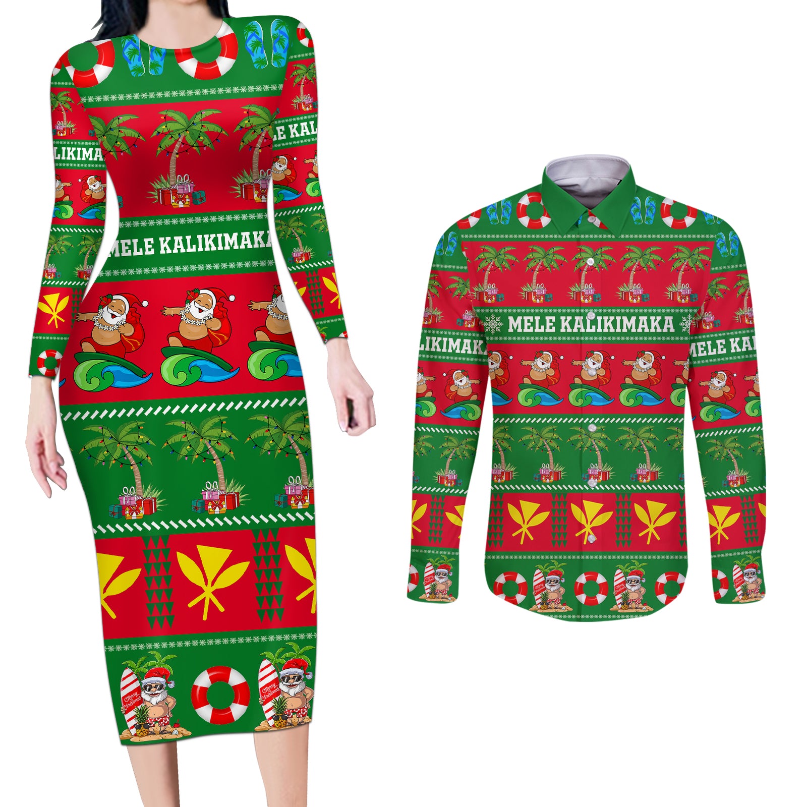 Personalised Hawaii Christmas Couples Matching Long Sleeve Bodycon Dress and Long Sleeve Button Shirt Mele Kalikimaka LT14 Green - Polynesian Pride