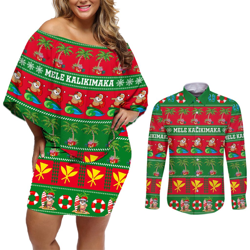 Personalised Hawaii Christmas Couples Matching Off Shoulder Short Dress and Long Sleeve Button Shirt Mele Kalikimaka LT14 Green - Polynesian Pride