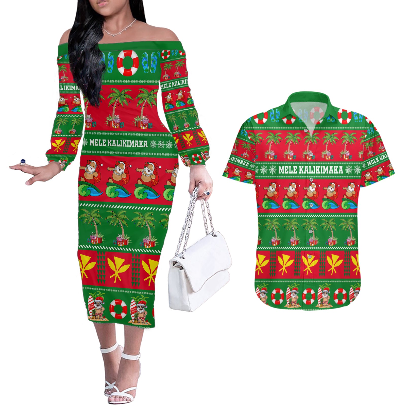 Personalised Hawaii Christmas Couples Matching Off The Shoulder Long Sleeve Dress and Hawaiian Shirt Mele Kalikimaka LT14 Green - Polynesian Pride
