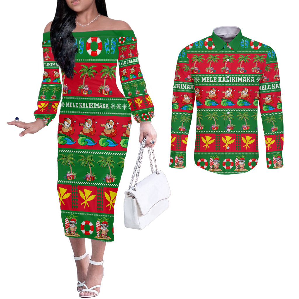 Personalised Hawaii Christmas Couples Matching Off The Shoulder Long Sleeve Dress and Long Sleeve Button Shirt Mele Kalikimaka LT14 Green - Polynesian Pride