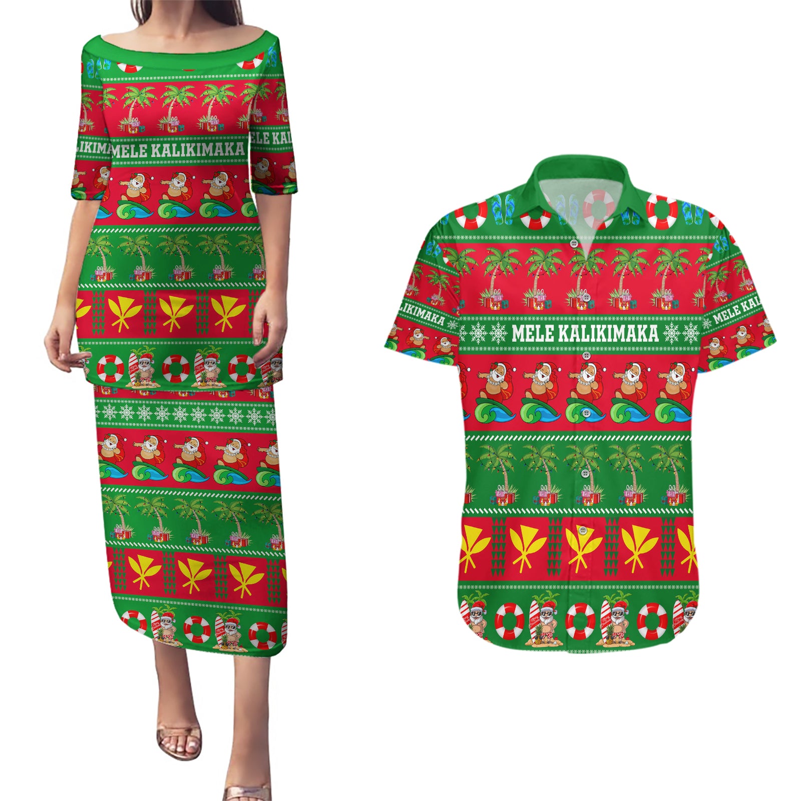 Personalised Hawaii Christmas Couples Matching Puletasi Dress and Hawaiian Shirt Mele Kalikimaka LT14 Green - Polynesian Pride
