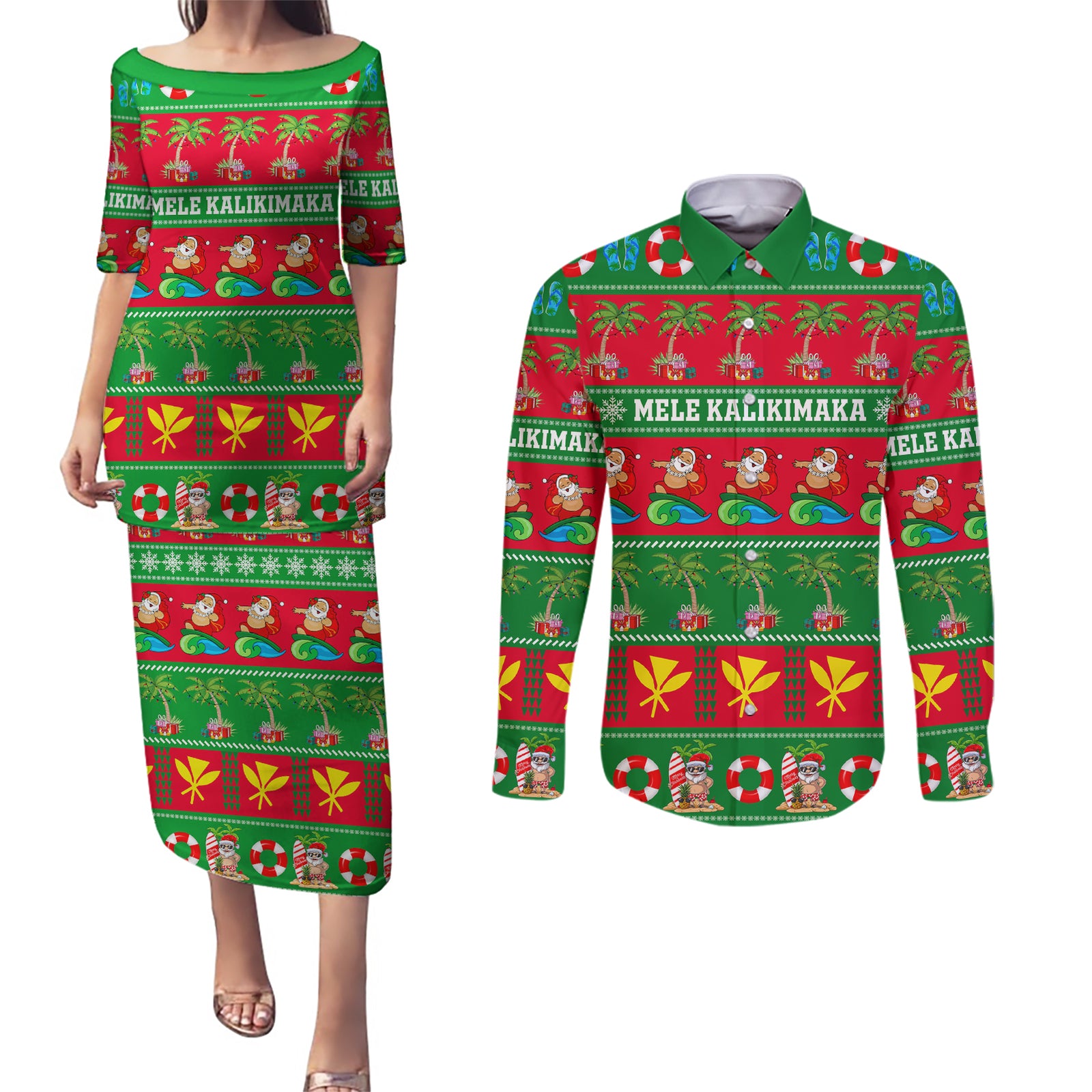 Personalised Hawaii Christmas Couples Matching Puletasi Dress and Long Sleeve Button Shirt Mele Kalikimaka LT14 Green - Polynesian Pride