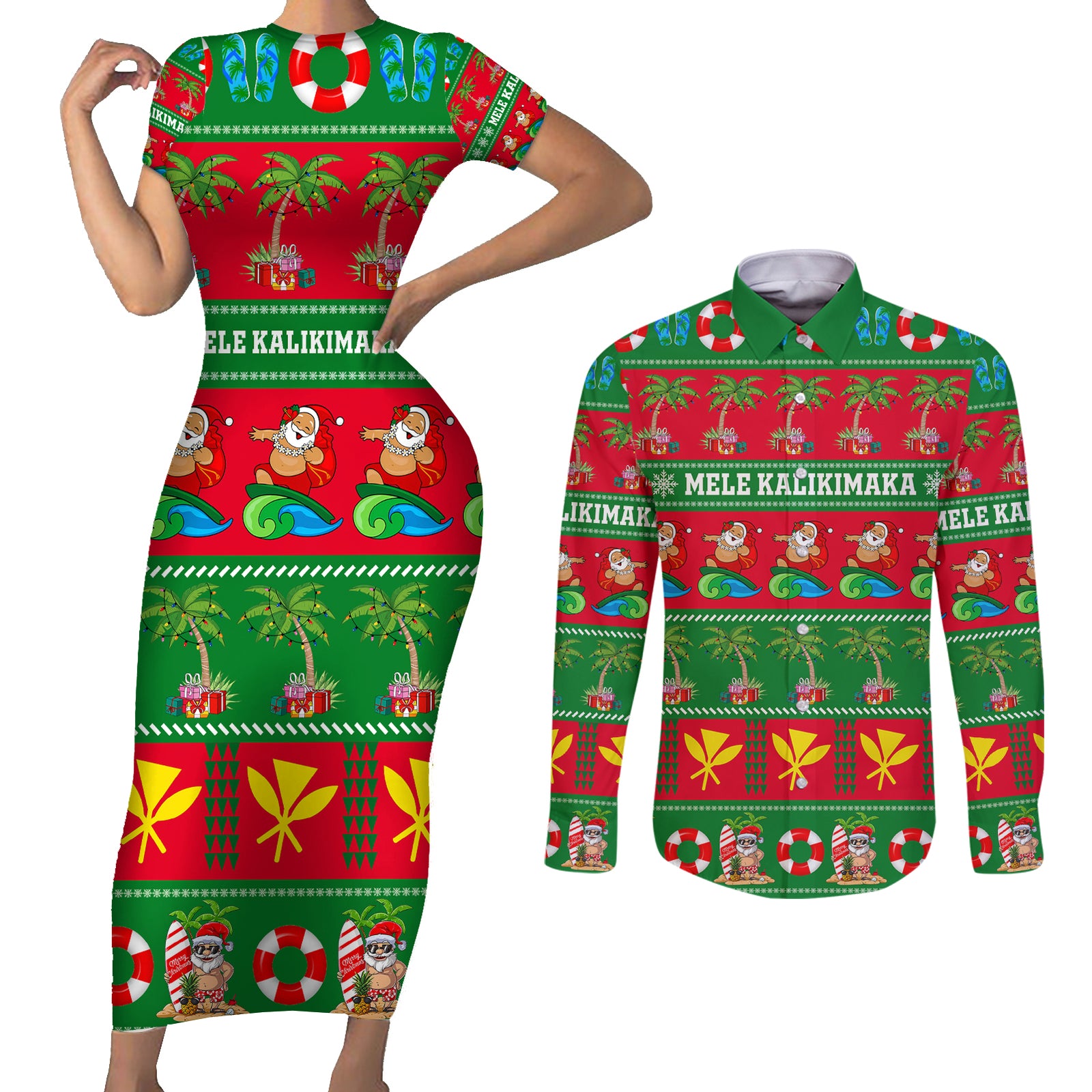 Personalised Hawaii Christmas Couples Matching Short Sleeve Bodycon Dress and Long Sleeve Button Shirt Mele Kalikimaka LT14 Green - Polynesian Pride