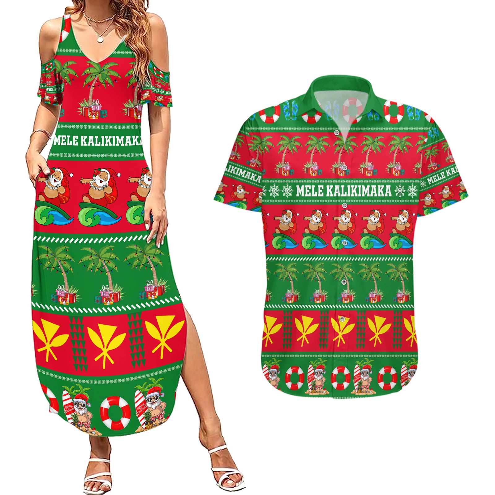 Personalised Hawaii Christmas Couples Matching Summer Maxi Dress and Hawaiian Shirt Mele Kalikimaka LT14 Green - Polynesian Pride