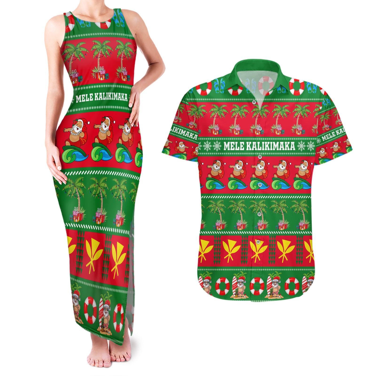Personalised Hawaii Christmas Couples Matching Tank Maxi Dress and Hawaiian Shirt Mele Kalikimaka LT14 Green - Polynesian Pride