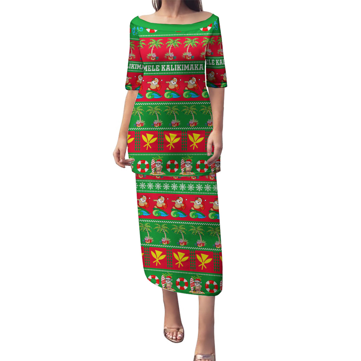 Personalised Hawaii Christmas Family Matching Puletasi Dress and Hawaiian Shirt Mele Kalikimaka LT14 Mom's Dress Green - Polynesian Pride