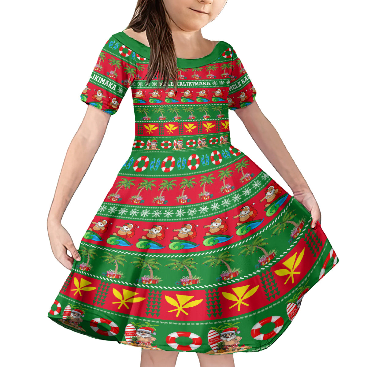 Personalised Hawaii Christmas Family Matching Tank Maxi Dress and Hawaiian Shirt Mele Kalikimaka LT14 Daughter's Dress Green - Polynesian Pride
