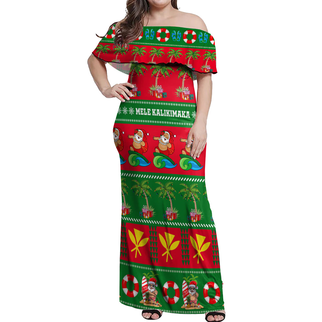 Personalised Hawaii Christmas Off Shoulder Maxi Dress Mele Kalikimaka LT14 Women Green - Polynesian Pride
