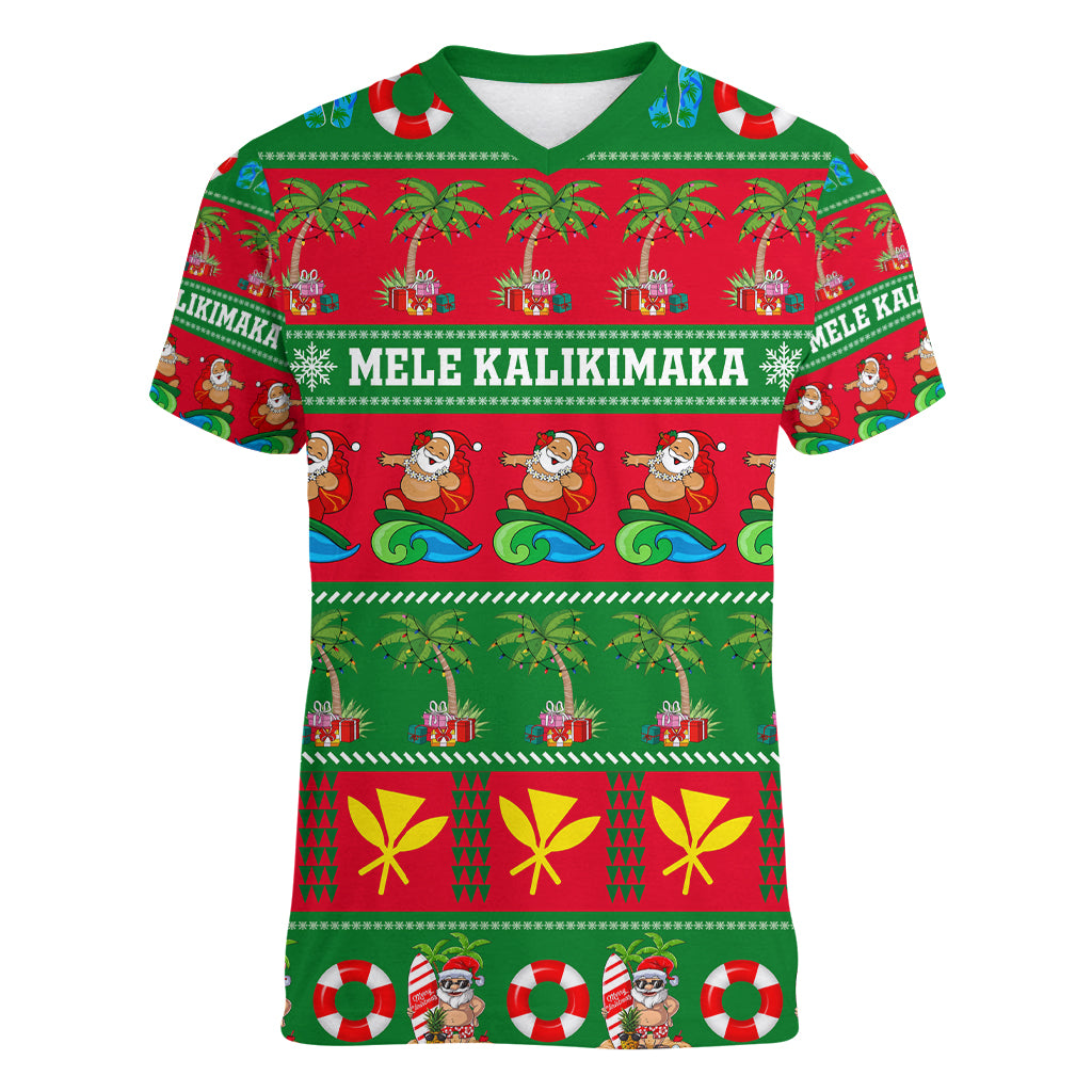 Personalised Hawaii Christmas Women V Neck T Shirt Mele Kalikimaka LT14 Female Green - Polynesian Pride