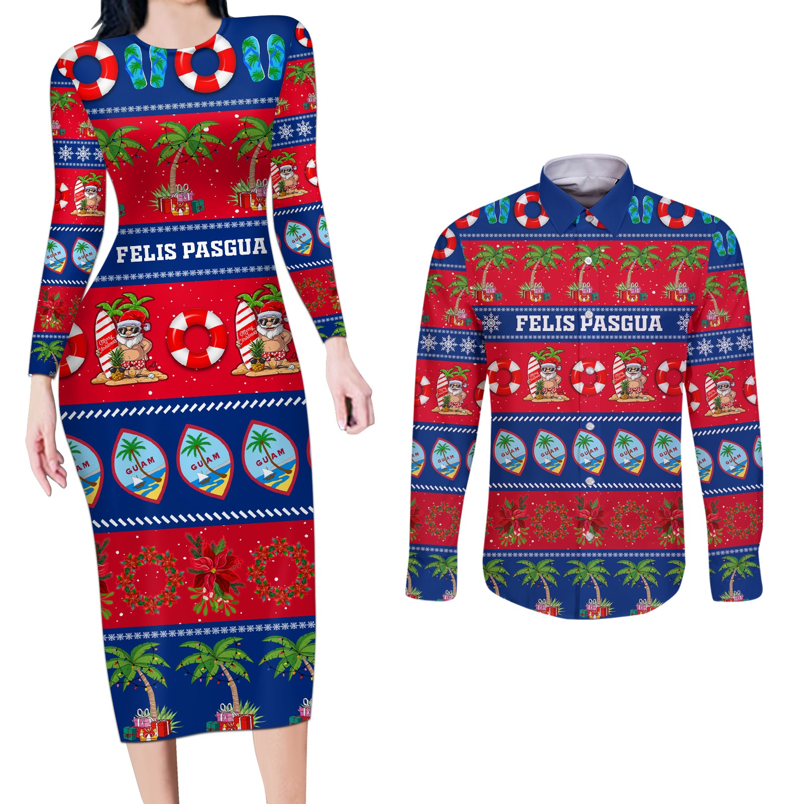 Personalised Guam Christmas Couples Matching Long Sleeve Bodycon Dress and Long Sleeve Button Shirt Felis Pasgua LT14 Blue - Polynesian Pride
