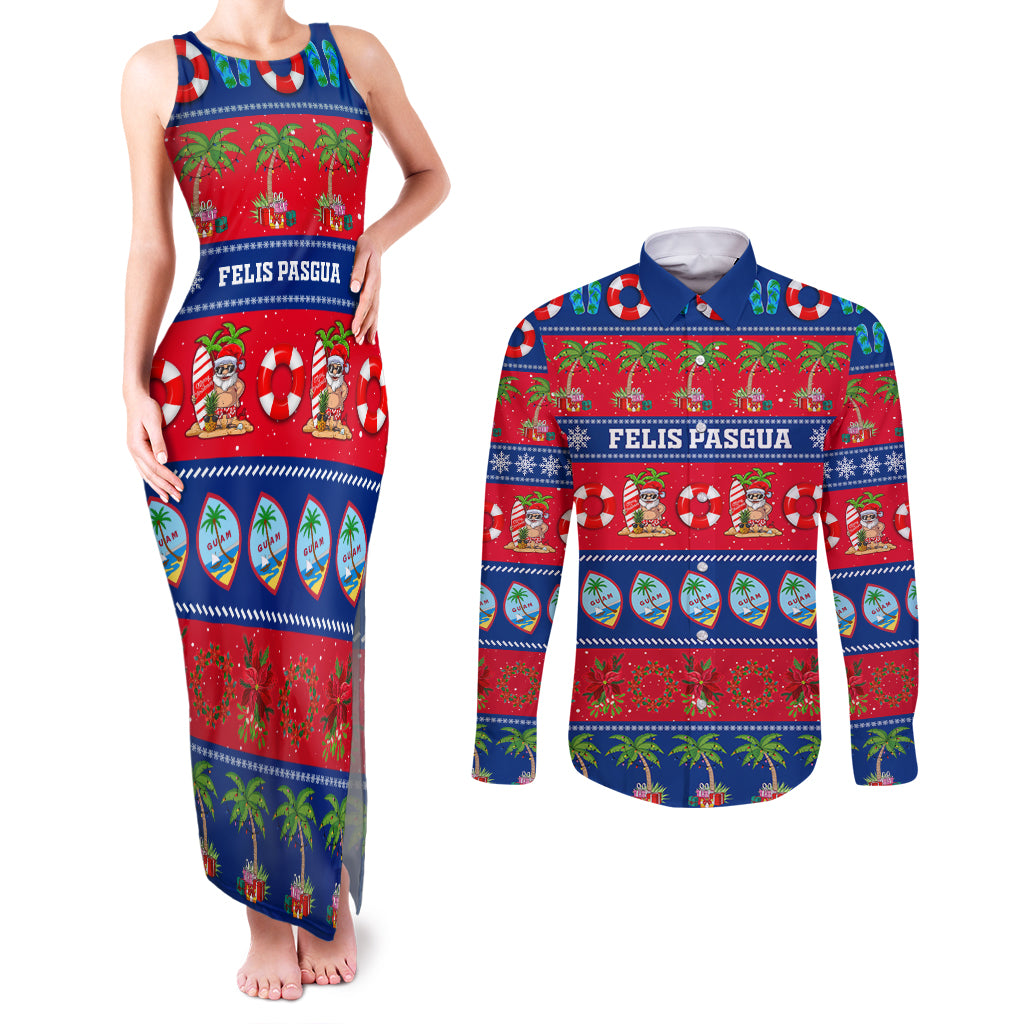 Personalised Guam Christmas Couples Matching Tank Maxi Dress and Long Sleeve Button Shirt Felis Pasgua LT14 Blue - Polynesian Pride