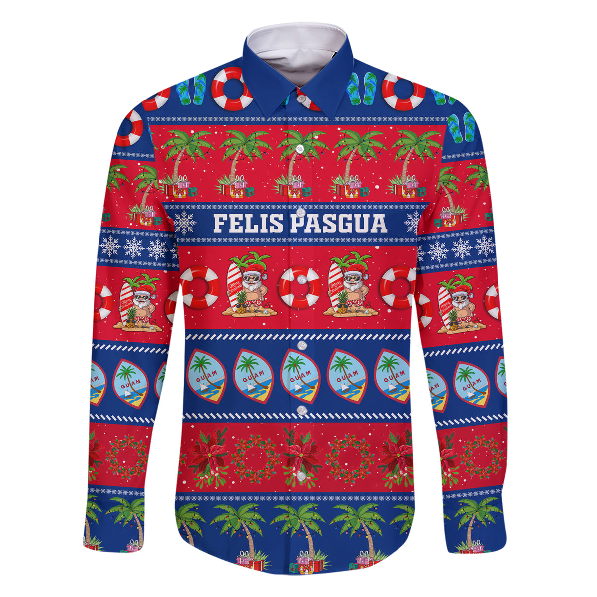 Personalised Guam Christmas Family Matching Short Sleeve Bodycon Dress and Hawaiian Shirt Felis Pasgua LT14 Dad's Shirt - Long Sleeve Blue - Polynesian Pride