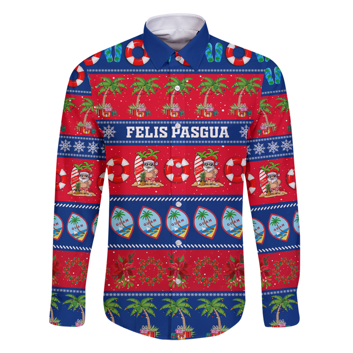 Personalised Guam Christmas Family Matching Tank Maxi Dress and Hawaiian Shirt Felis Pasgua LT14 Dad's Shirt - Long Sleeve Blue - Polynesian Pride