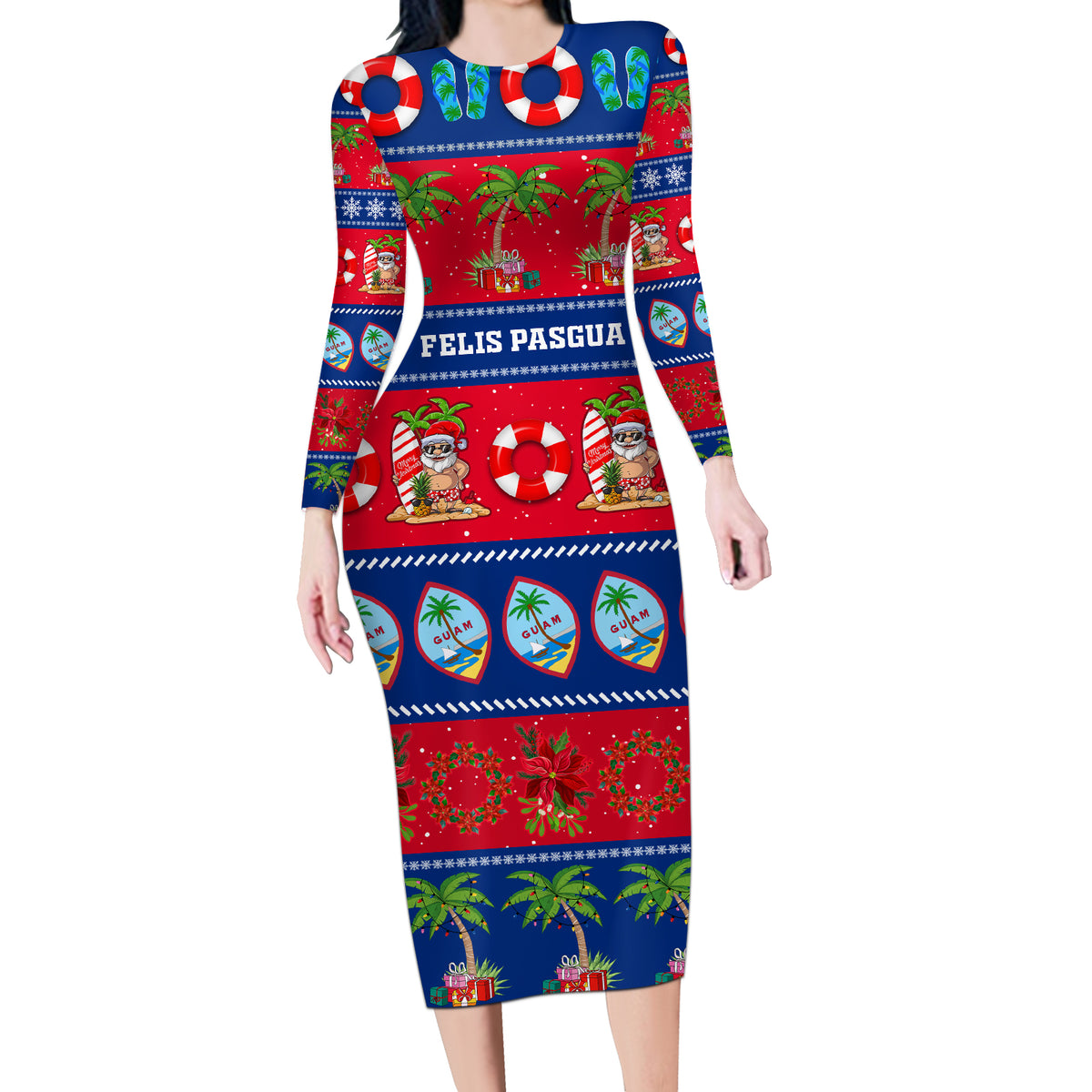 Personalised Guam Christmas Long Sleeve Bodycon Dress Felis Pasgua LT14 Long Dress Blue - Polynesian Pride