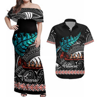Personalised New Zealand Waka Couples Matching Off Shoulder Maxi Dress and Hawaiian Shirt Aotearoa Maori Silver Fern Pattern LT14 Black - Polynesian Pride