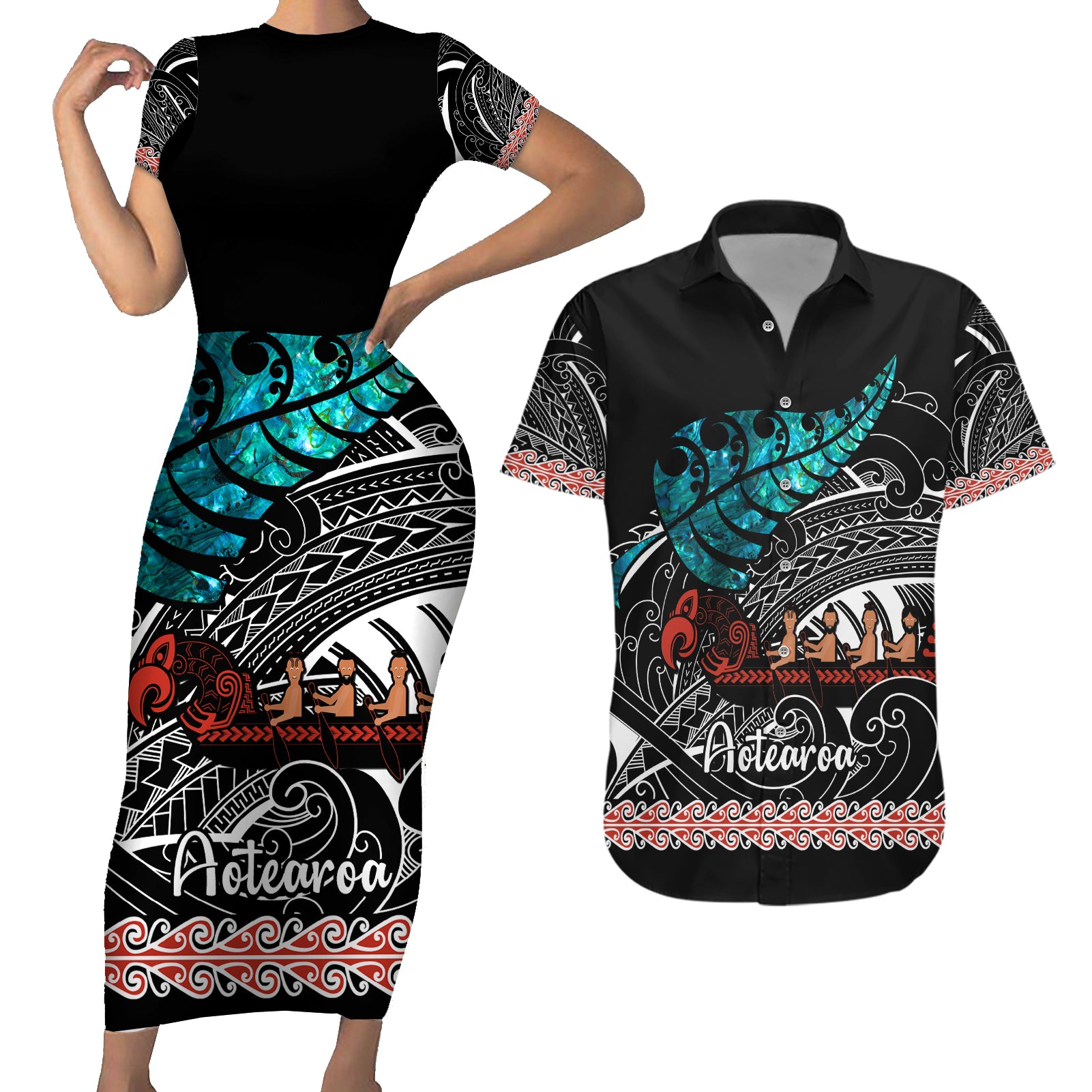 Personalised New Zealand Waka Couples Matching Short Sleeve Bodycon Dress and Hawaiian Shirt Aotearoa Maori Silver Fern Pattern LT14 Black - Polynesian Pride