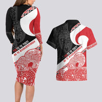 Toitu Te Tiriti Me Te Whakaputanga Couples Matching Long Sleeve Bodycon Dress and Hawaiian Shirt Maori Wahaika With Haka Face LT14 - Polynesian Pride
