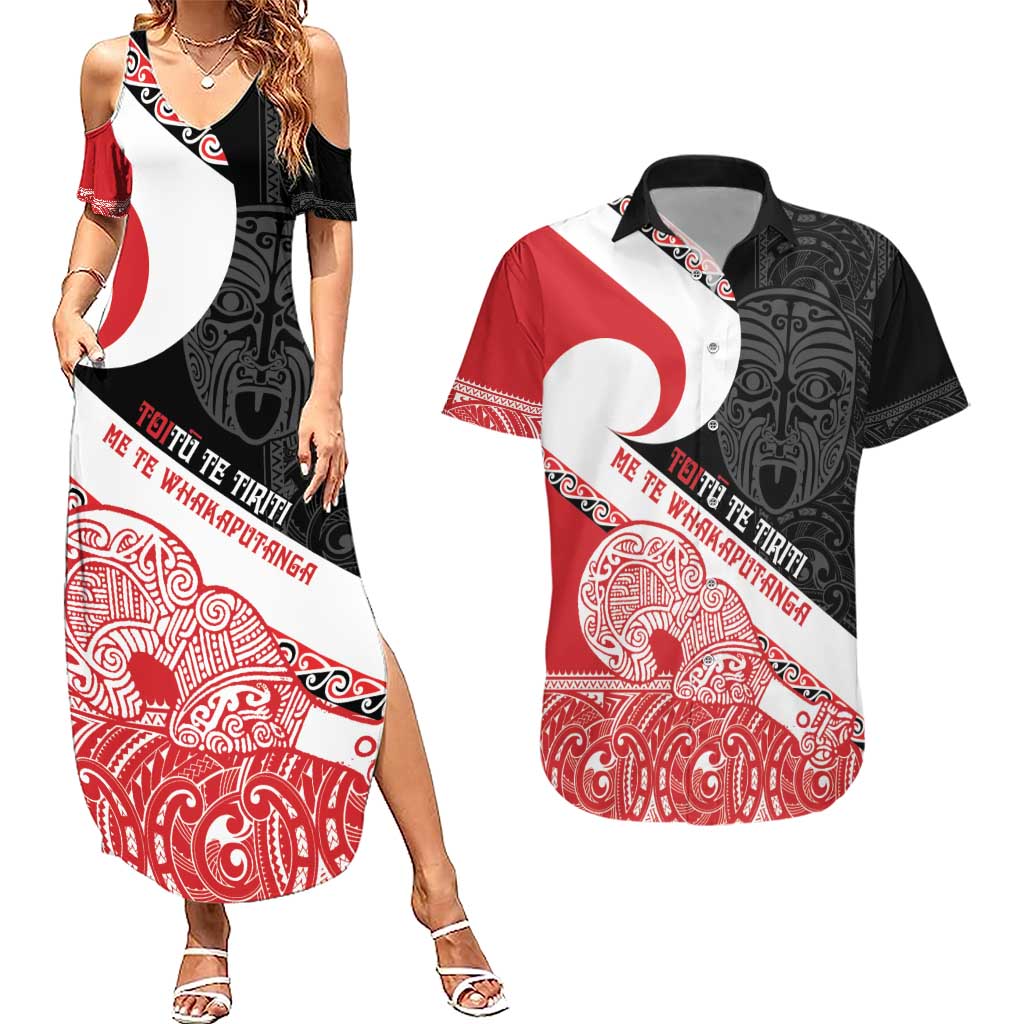 Toitu Te Tiriti Me Te Whakaputanga Couples Matching Summer Maxi Dress and Hawaiian Shirt Maori Wahaika With Haka Face