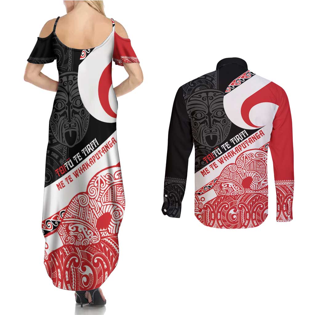 Toitu Te Tiriti Me Te Whakaputanga Couples Matching Summer Maxi Dress and Long Sleeve Button Shirt Maori Wahaika With Haka Face