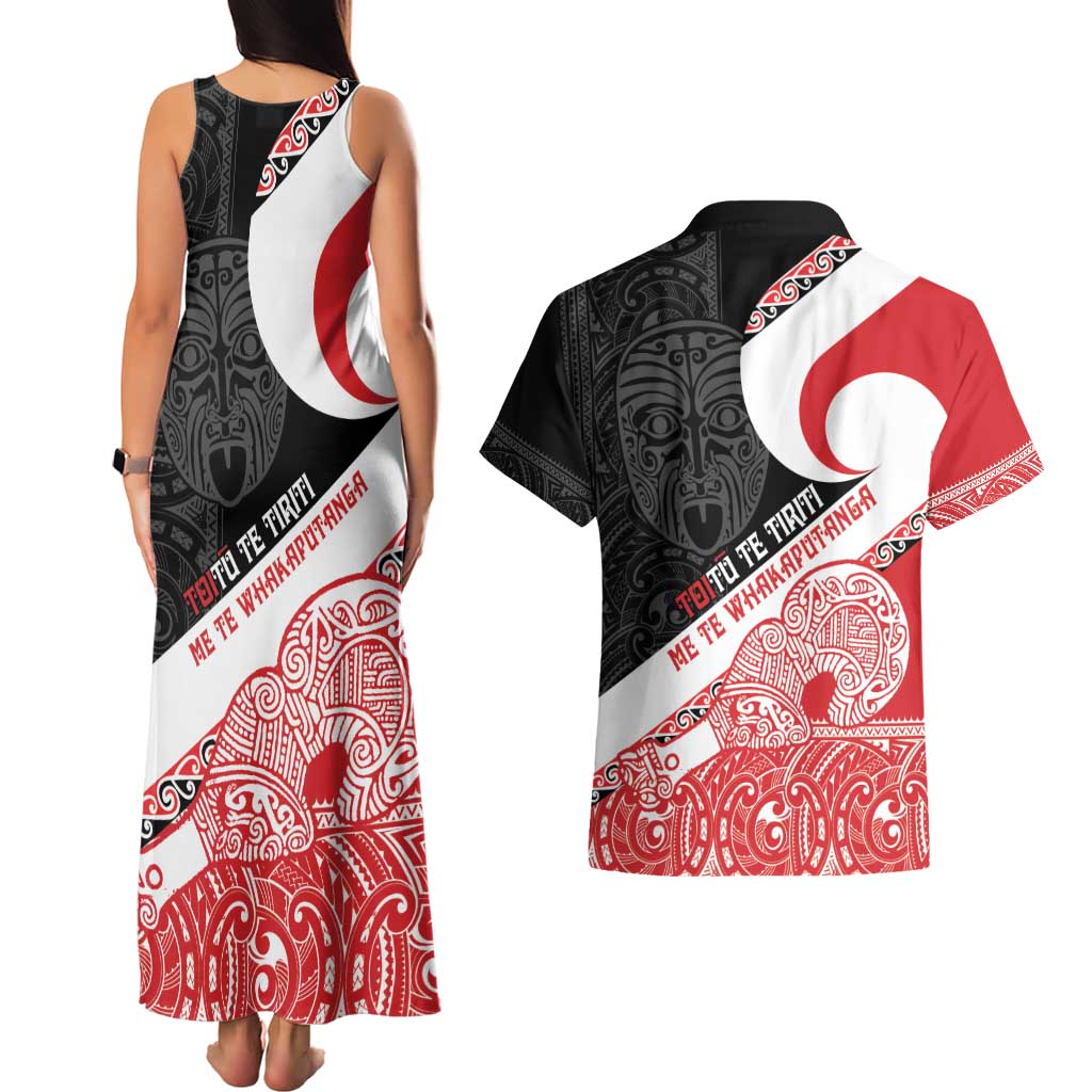 Toitu Te Tiriti Me Te Whakaputanga Couples Matching Tank Maxi Dress and Hawaiian Shirt Maori Wahaika With Haka Face