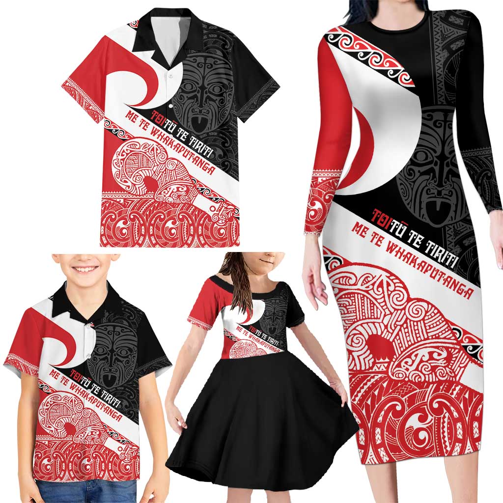 Toitu Te Tiriti Me Te Whakaputanga Family Matching Long Sleeve Bodycon Dress and Hawaiian Shirt Maori Wahaika With Haka Face LT14 - Polynesian Pride