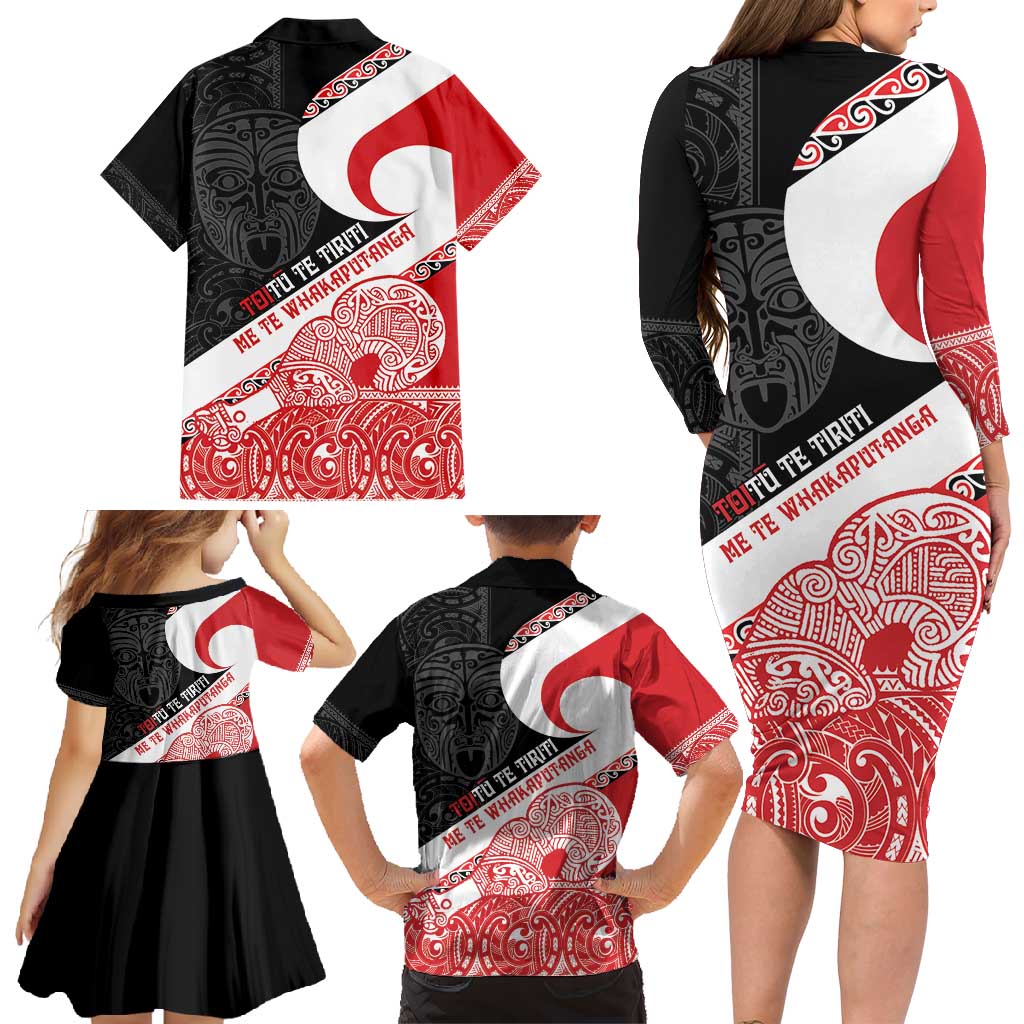 Toitu Te Tiriti Me Te Whakaputanga Family Matching Long Sleeve Bodycon Dress and Hawaiian Shirt Maori Wahaika With Haka Face LT14 - Polynesian Pride