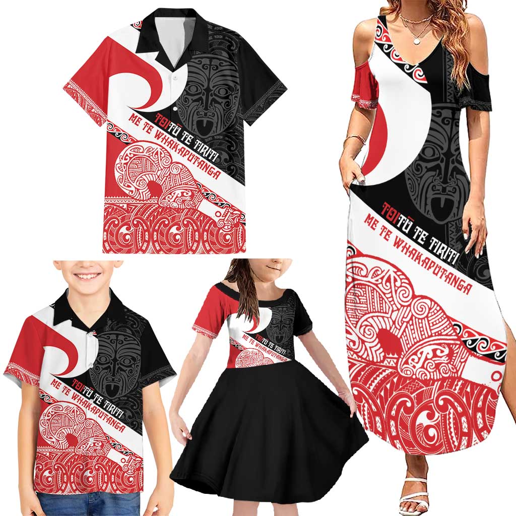 Toitu Te Tiriti Me Te Whakaputanga Family Matching Summer Maxi Dress and Hawaiian Shirt Maori Wahaika With Haka Face LT14 - Polynesian Pride