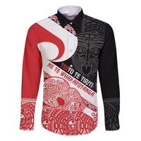Toitu Te Tiriti Me Te Whakaputanga Family Matching Summer Maxi Dress and Hawaiian Shirt Maori Wahaika With Haka Face LT14 Dad's Shirt - Long Sleeve Red - Polynesian Pride