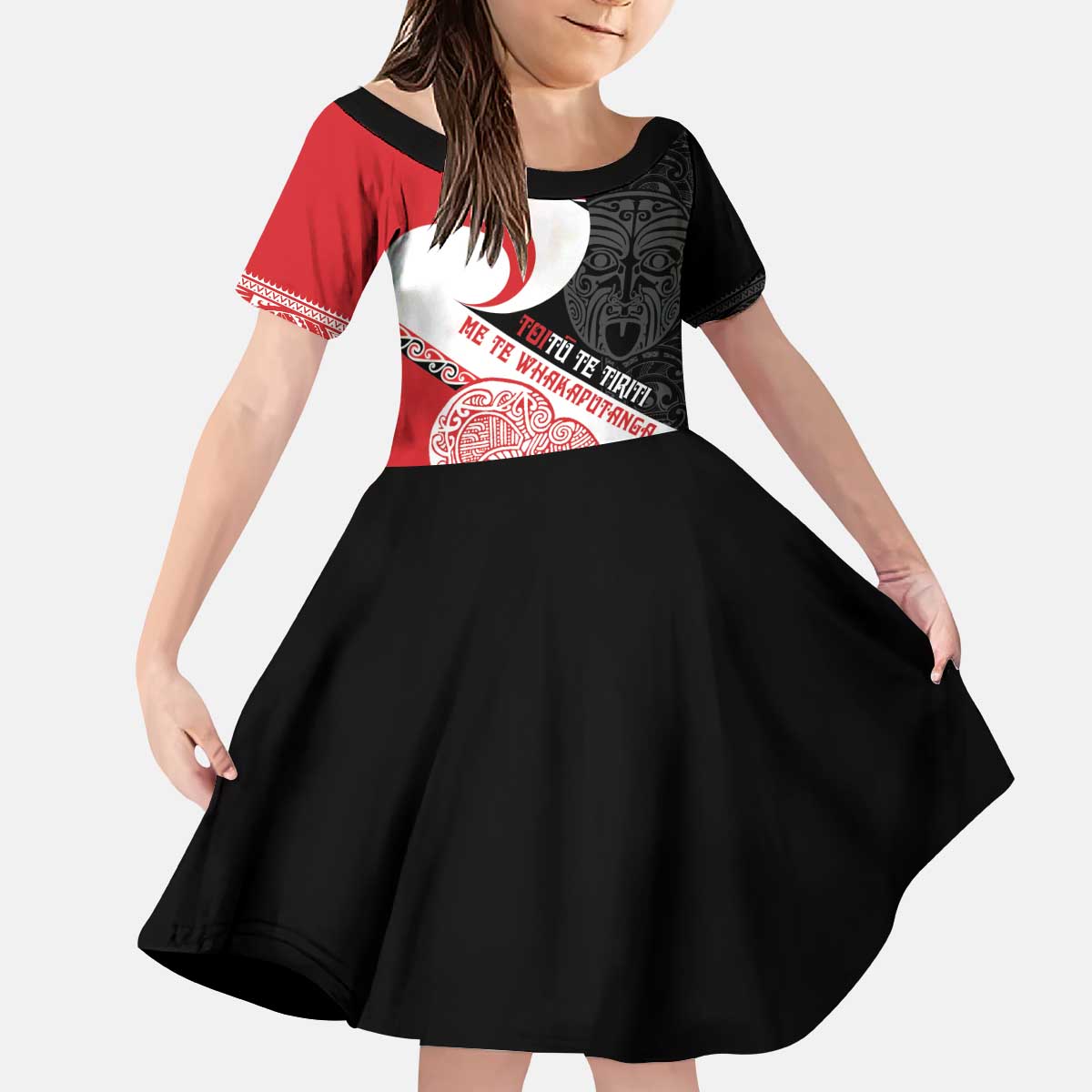Toitu Te Tiriti Me Te Whakaputanga Kid Short Sleeve Dress Maori Wahaika With Haka Face LT14 KID Red - Polynesian Pride