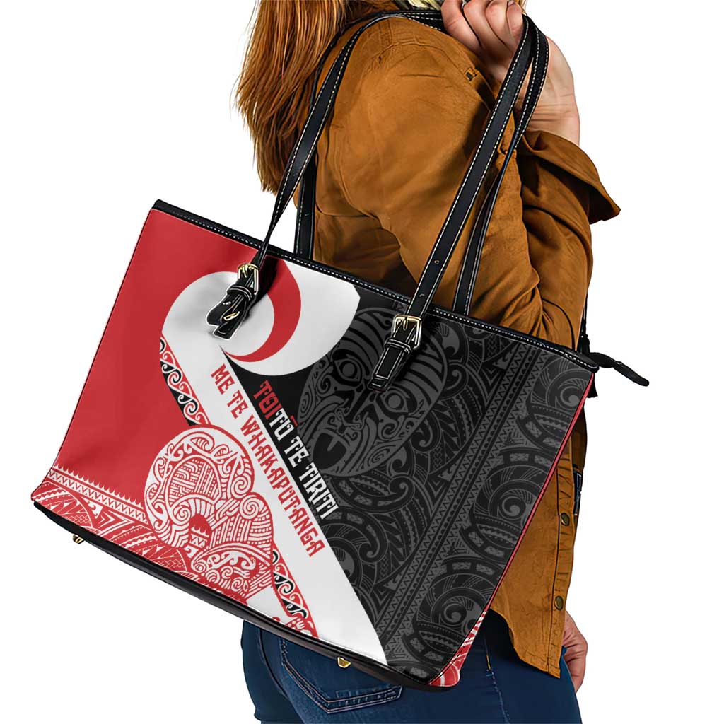 Toitu Te Tiriti Me Te Whakaputanga Leather Tote Bag Maori Wahaika With Haka Face