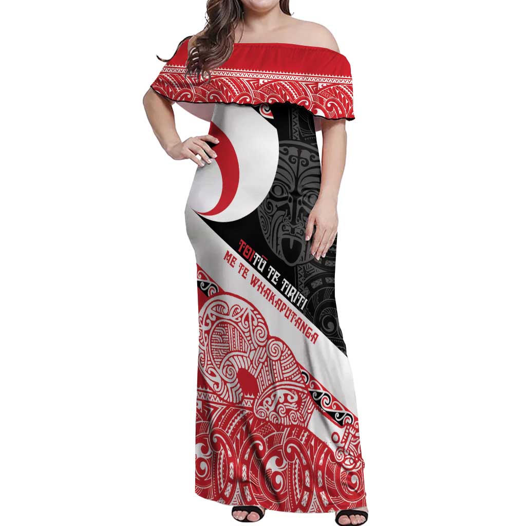 Toitu Te Tiriti Me Te Whakaputanga Off Shoulder Maxi Dress Maori Wahaika With Haka Face LT14 Women Red - Polynesian Pride