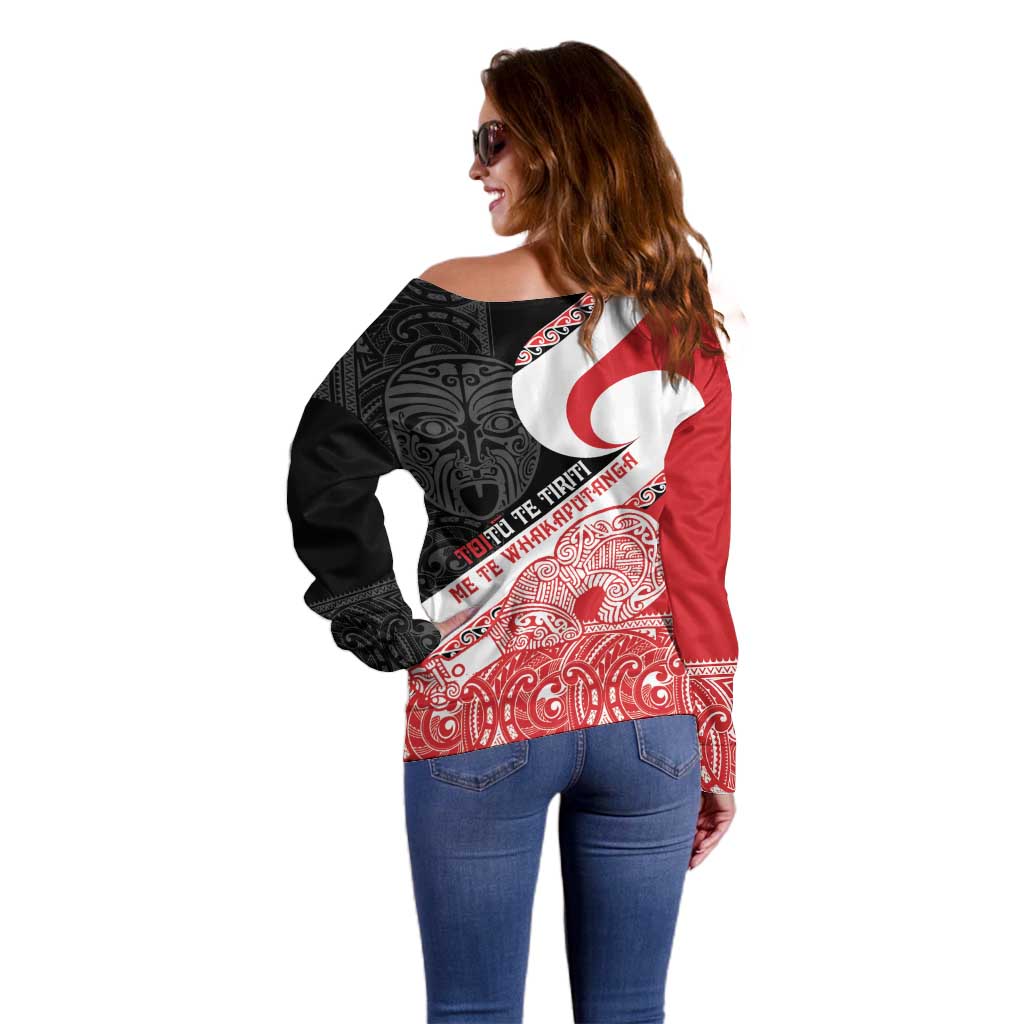 Toitu Te Tiriti Me Te Whakaputanga Off Shoulder Sweater Maori Wahaika With Haka Face