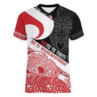 Toitu Te Tiriti Me Te Whakaputanga Women V-Neck T-Shirt Maori Wahaika With Haka Face LT14 Female Red - Polynesian Pride
