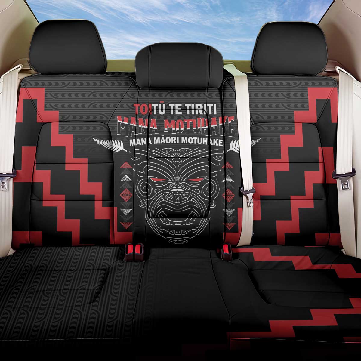 Personalised Toitu Te Tiriti Mana Maori Motuhake Back Car Seat Cover Aotearoa Haka Face Mix Poutama Art