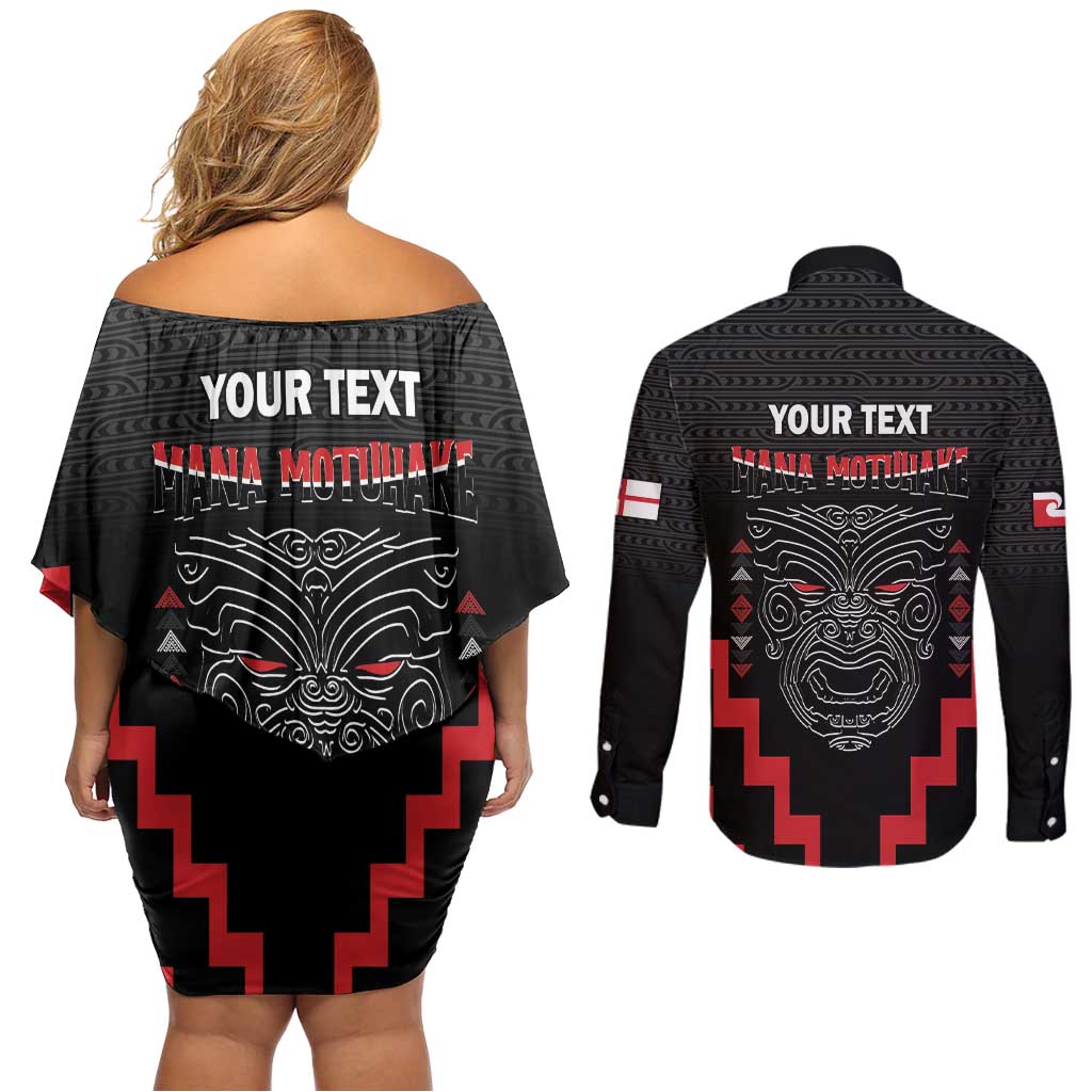 Personalised Toitu Te Tiriti Mana Maori Motuhake Couples Matching Off Shoulder Short Dress and Long Sleeve Button Shirt Aotearoa Haka Face Mix Poutama Art