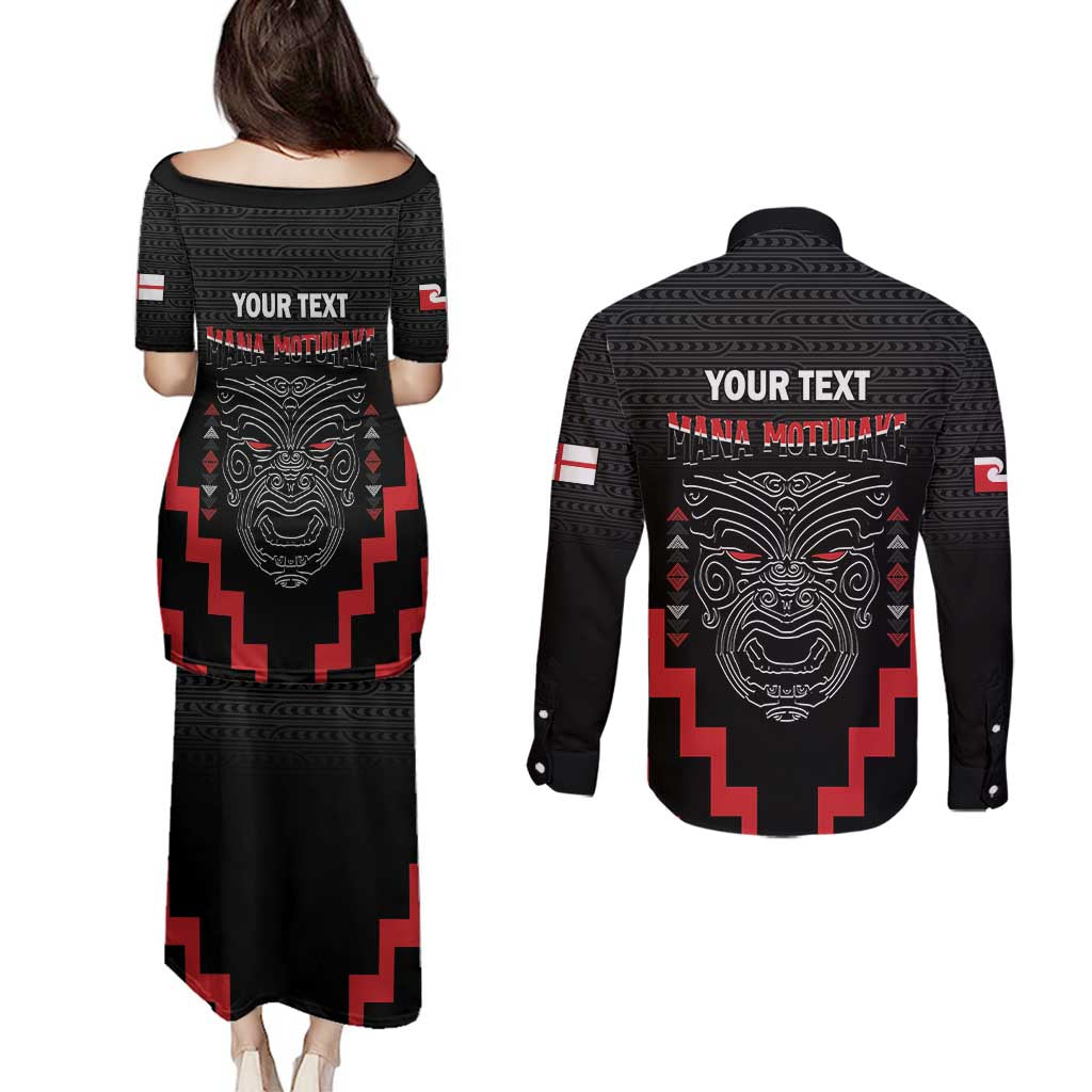 Personalised Toitu Te Tiriti Mana Maori Motuhake Couples Matching Puletasi and Long Sleeve Button Shirt Aotearoa Haka Face Mix Poutama Art