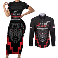 Personalised Toitu Te Tiriti Mana Maori Motuhake Couples Matching Short Sleeve Bodycon Dress and Long Sleeve Button Shirt Aotearoa Haka Face Mix Poutama Art