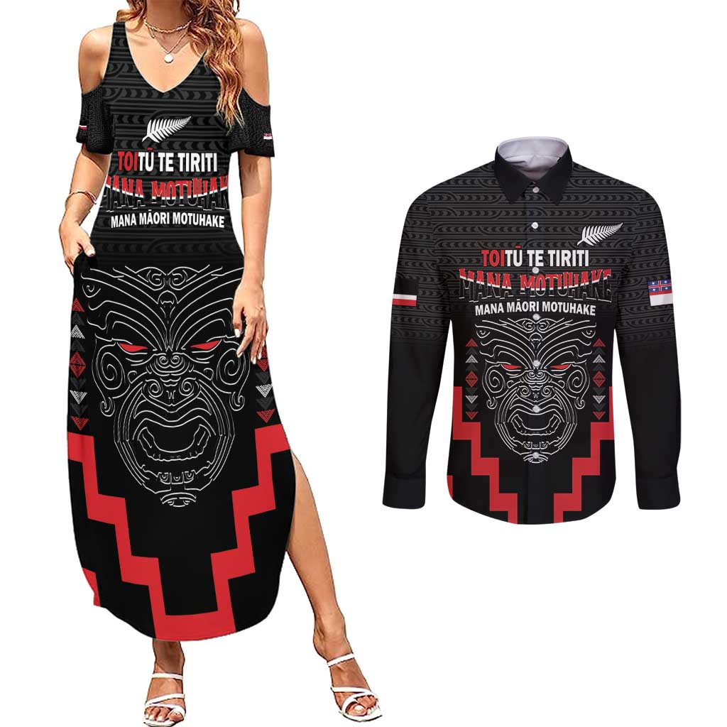 Personalised Toitu Te Tiriti Mana Maori Motuhake Couples Matching Summer Maxi Dress and Long Sleeve Button Shirt Aotearoa Haka Face Mix Poutama Art