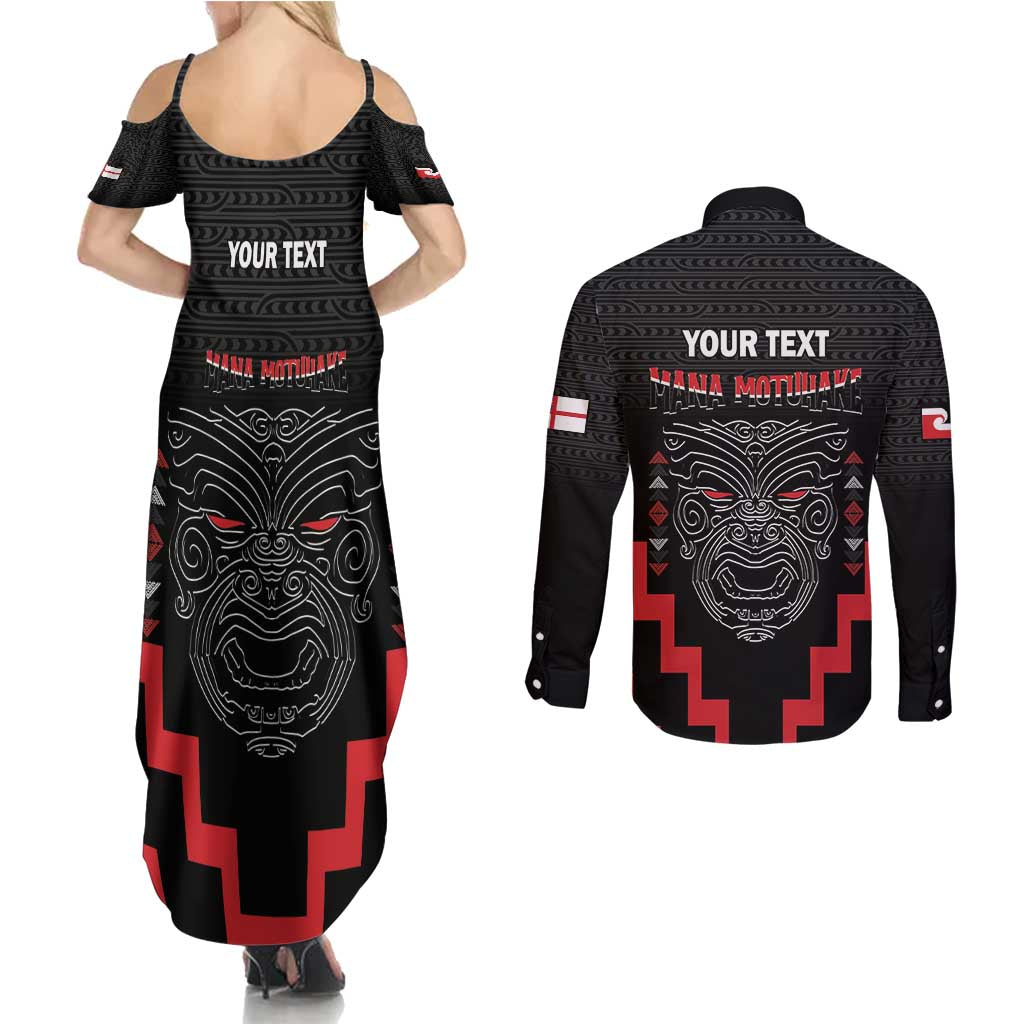 Personalised Toitu Te Tiriti Mana Maori Motuhake Couples Matching Summer Maxi Dress and Long Sleeve Button Shirt Aotearoa Haka Face Mix Poutama Art