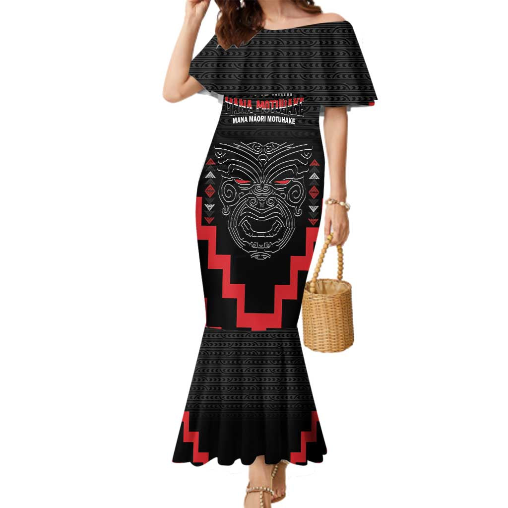 Personalised Toitu Te Tiriti Mana Maori Motuhake Family Matching Mermaid Dress and Hawaiian Shirt Aotearoa Haka Face Mix Poutama Art LT14 Mom's Dress Black - Polynesian Pride