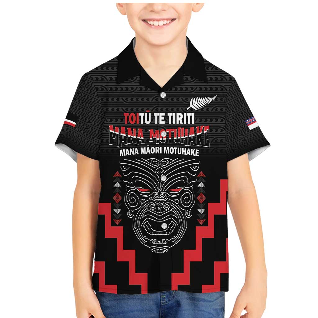 Personalised Toitu Te Tiriti Mana Maori Motuhake Family Matching Mermaid Dress and Hawaiian Shirt Aotearoa Haka Face Mix Poutama Art LT14 Son's Shirt Black - Polynesian Pride