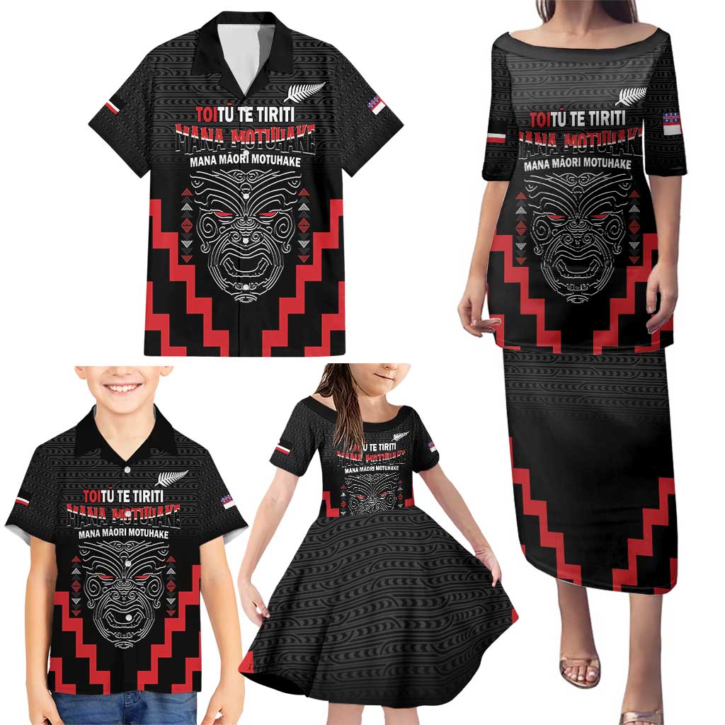 Personalised Toitu Te Tiriti Mana Maori Motuhake Family Matching Puletasi and Hawaiian Shirt Aotearoa Haka Face Mix Poutama Art LT14 - Polynesian Pride