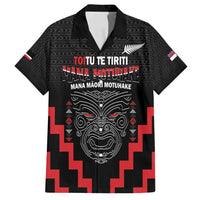 Personalised Toitu Te Tiriti Mana Maori Motuhake Family Matching Puletasi and Hawaiian Shirt Aotearoa Haka Face Mix Poutama Art LT14 Dad's Shirt - Short Sleeve Black - Polynesian Pride