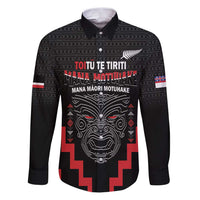 Personalised Toitu Te Tiriti Mana Maori Motuhake Family Matching Puletasi and Hawaiian Shirt Aotearoa Haka Face Mix Poutama Art LT14 Dad's Shirt - Long Sleeve Black - Polynesian Pride