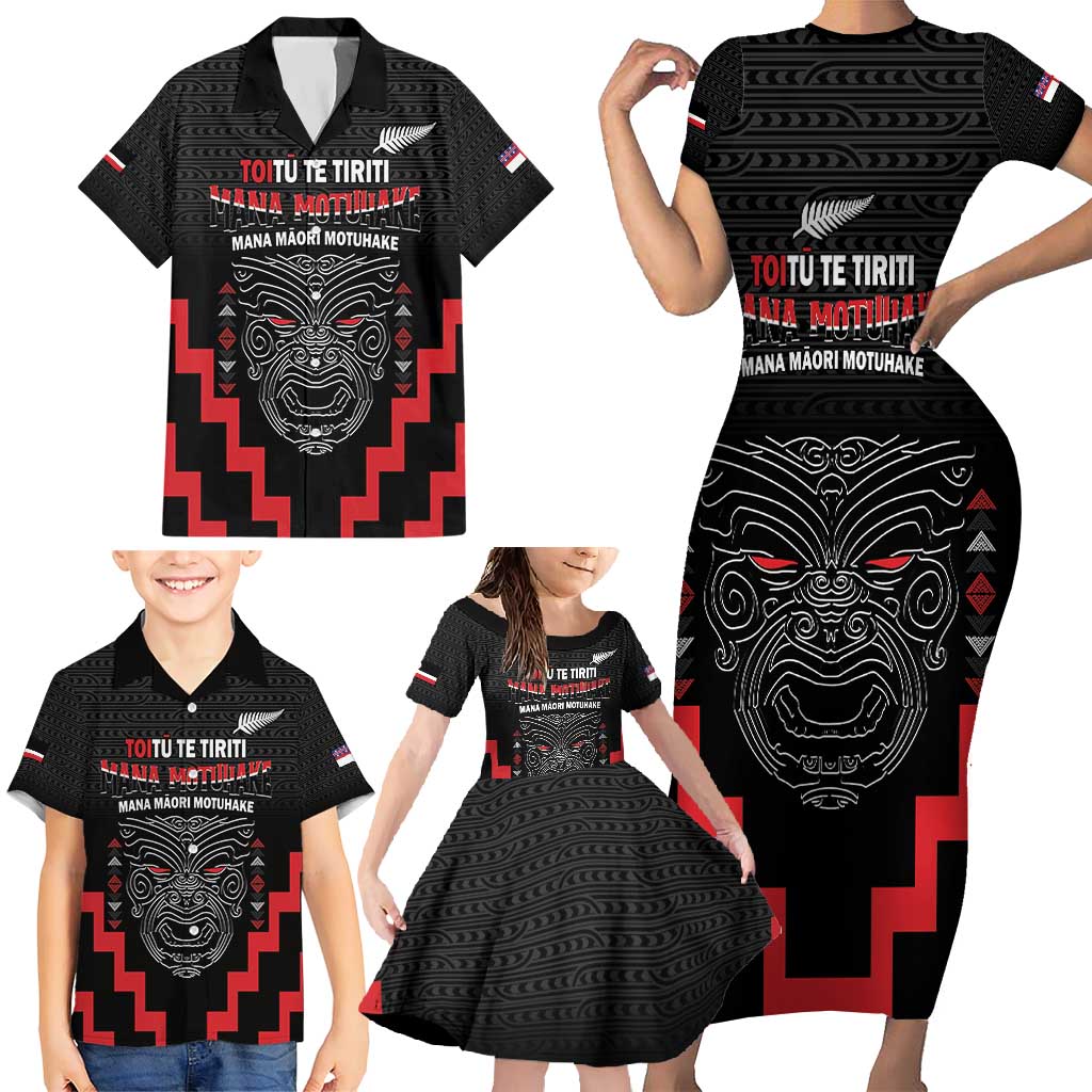 Personalised Toitu Te Tiriti Mana Maori Motuhake Family Matching Short Sleeve Bodycon Dress and Hawaiian Shirt Aotearoa Haka Face Mix Poutama Art LT14 - Polynesian Pride