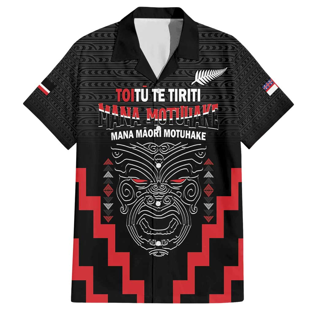 Personalised Toitu Te Tiriti Mana Maori Motuhake Family Matching Short Sleeve Bodycon Dress and Hawaiian Shirt Aotearoa Haka Face Mix Poutama Art LT14 Dad's Shirt - Short Sleeve Black - Polynesian Pride