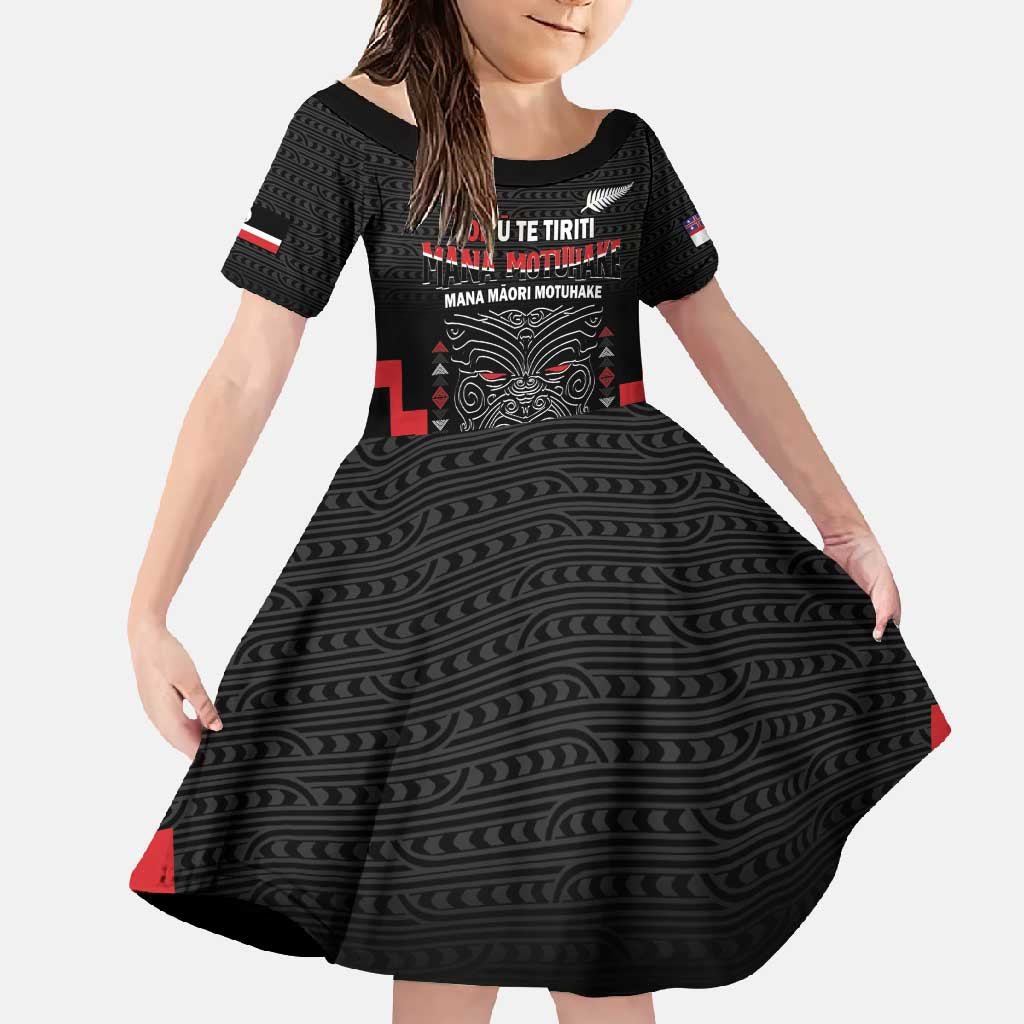 Personalised Toitu Te Tiriti Mana Maori Motuhake Family Matching Summer Maxi Dress and Hawaiian Shirt Aotearoa Haka Face Mix Poutama Art LT14 Daughter's Dress Black - Polynesian Pride
