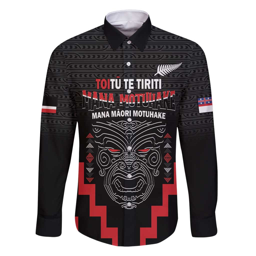 Personalised Toitu Te Tiriti Mana Maori Motuhake Family Matching Summer Maxi Dress and Hawaiian Shirt Aotearoa Haka Face Mix Poutama Art LT14 Dad's Shirt - Long Sleeve Black - Polynesian Pride