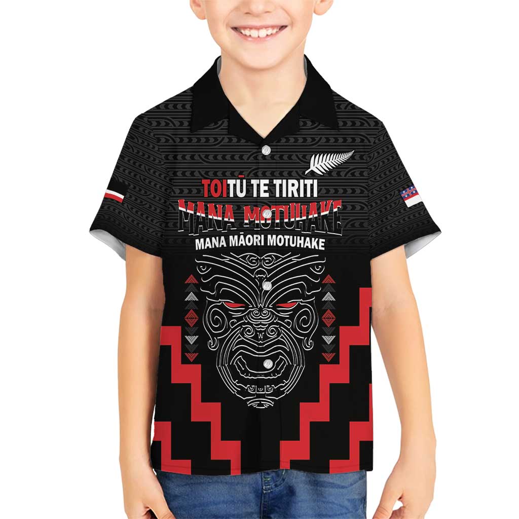 Personalised Toitu Te Tiriti Mana Maori Motuhake Family Matching Summer Maxi Dress and Hawaiian Shirt Aotearoa Haka Face Mix Poutama Art LT14 Son's Shirt Black - Polynesian Pride