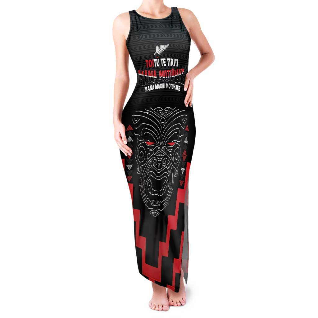 Personalised Toitu Te Tiriti Mana Maori Motuhake Family Matching Tank Maxi Dress and Hawaiian Shirt Aotearoa Haka Face Mix Poutama Art LT14 Mom's Dress Black - Polynesian Pride